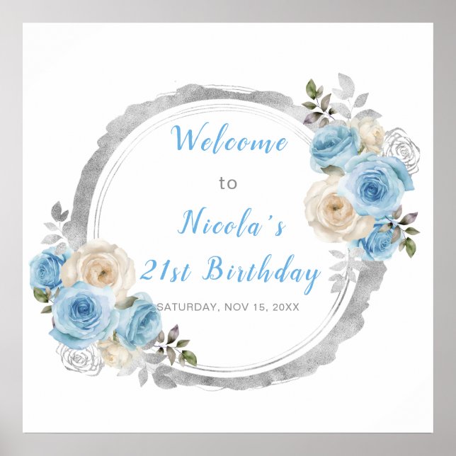 Dusty Blue Silver Elegant Flowers Birthday Party Poster (Front)