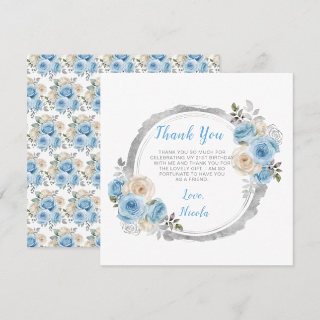 Dusty Blue Silver Elegant Flowers Birthday Party Thank You Card (Front/Back)