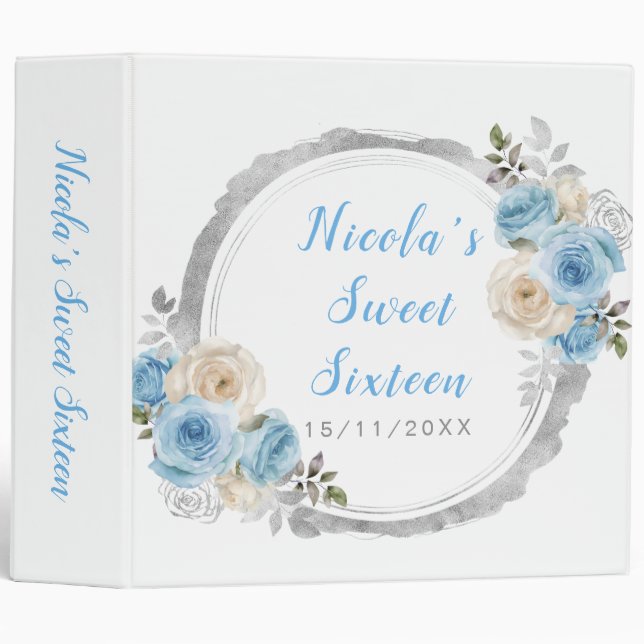 Dusty Blue Silver Elegant Flowers Sweet Sixteen 3 Ring Binder (Front/Spine)