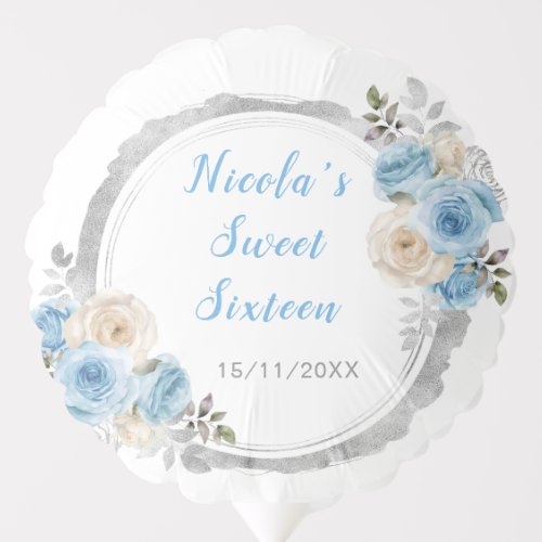 Dusty Blue Silver Elegant Flowers Sweet Sixteen Balloon