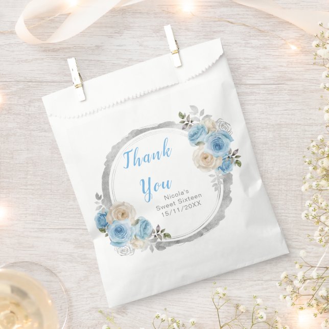 Dusty Blue Silver Elegant Flowers Sweet Sixteen Favor Bag (Clipped)