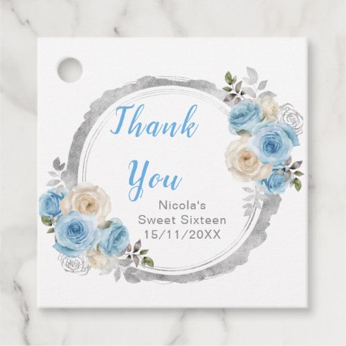 Dusty Blue Silver Elegant Flowers Sweet Sixteen Favor Tags