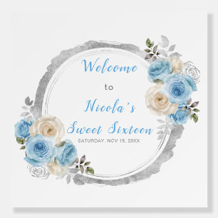 Dusty Blue Silver Elegant Flowers Sweet Sixteen Foam Board