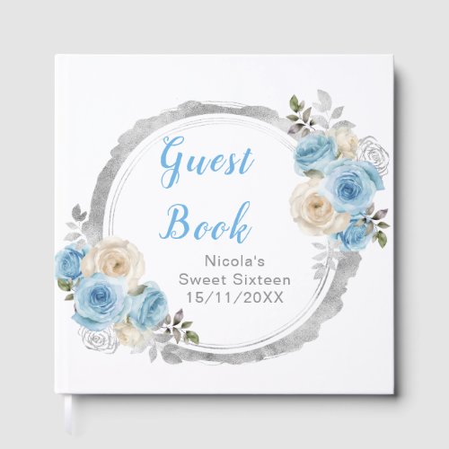 Dusty Blue Silver Elegant Flowers Sweet Sixteen Guest Book