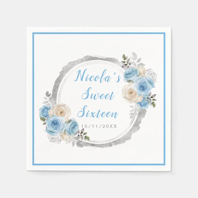 Dusty Blue Silver Elegant Flowers Sweet Sixteen Napkins (Front)
