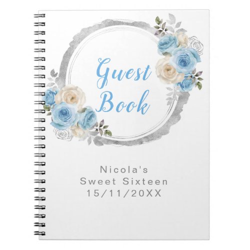 Dusty Blue Silver Elegant Flowers Sweet Sixteen Notebook
