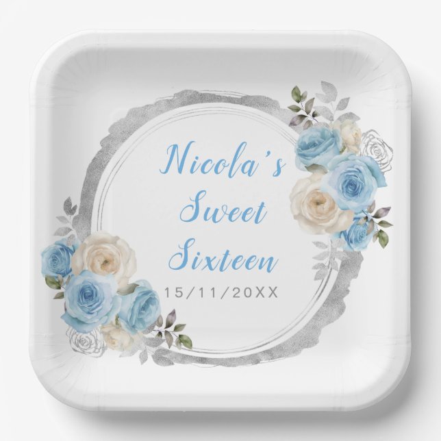 Dusty Blue Silver Elegant Flowers Sweet Sixteen Paper Plates (Front)