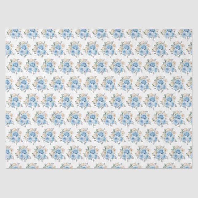 Dusty Blue Silver Elegant Flowers Tissue Paper (Front)