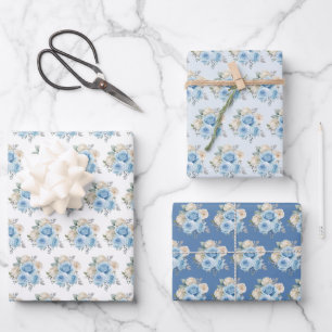 Dusty Blue Silver Elegant Flowers Wrapping Paper Sheets