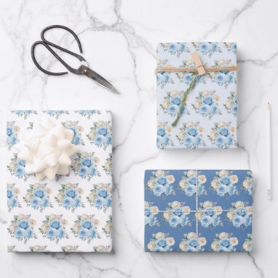 Dusty Blue Silver Elegant Flowers Wrapping Paper Sheets