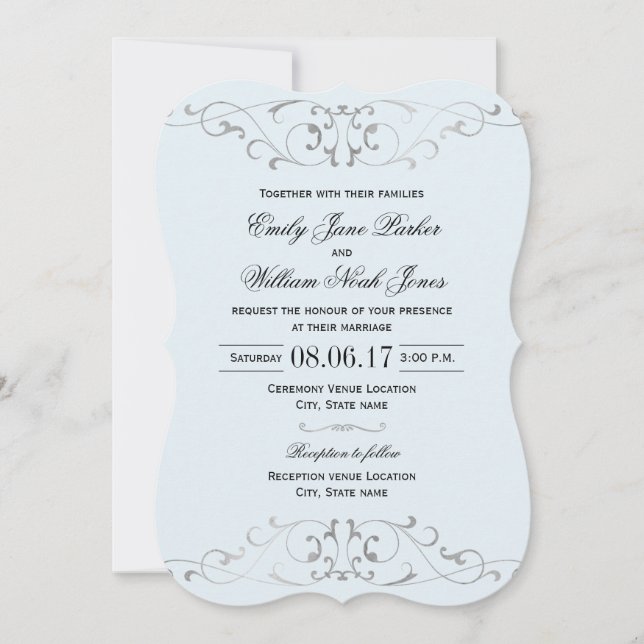 Dusty Blue Silver Elegant Wedding Invitation (Front)