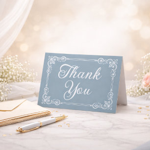 Dusty Blue Silver Filigree Script Letterpress Thank You Card