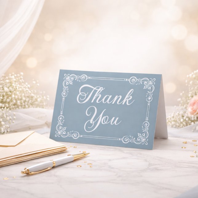 Dusty Blue Silver Filigree Script Letterpress Thank You Card (Creator Uploaded)