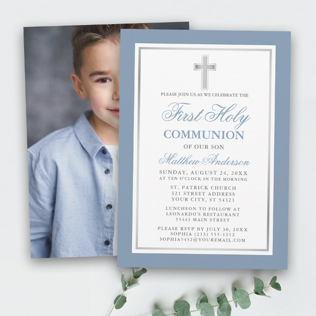 Dusty Blue Silver First Holy Communion Photo Invitation (Customize to change text size or text style.)