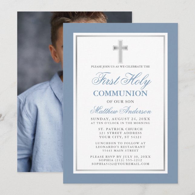 Dusty Blue Silver First Holy Communion Photo Invitation (Front/Back)