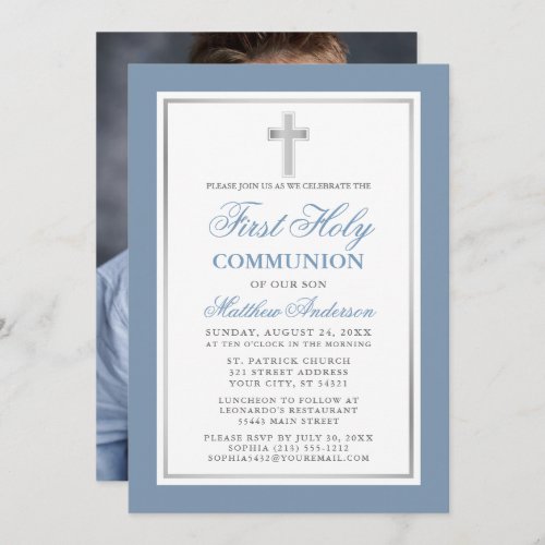 Dusty Blue Silver First Holy Communion Photo Invitation