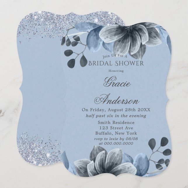Dusty Blue Silver Floral Bridal Shower Invitation (Front/Back)
