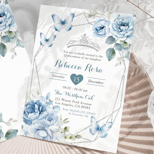 Dusty Blue Silver Floral Butterfly Quinceaera Invitation