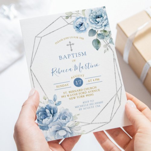 Dusty Blue Silver Floral Geometic Baptism Invitation