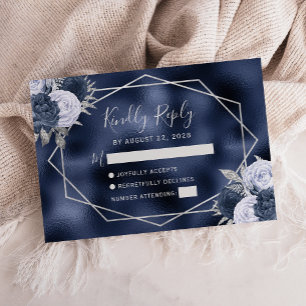 Dusty Blue Silver Floral Geometric Navy Foil RSVP Card