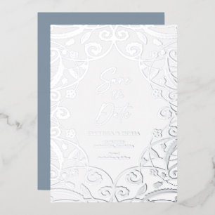 Dusty Blue Silver Floral Leaf Lace Wedding Foil Invitation