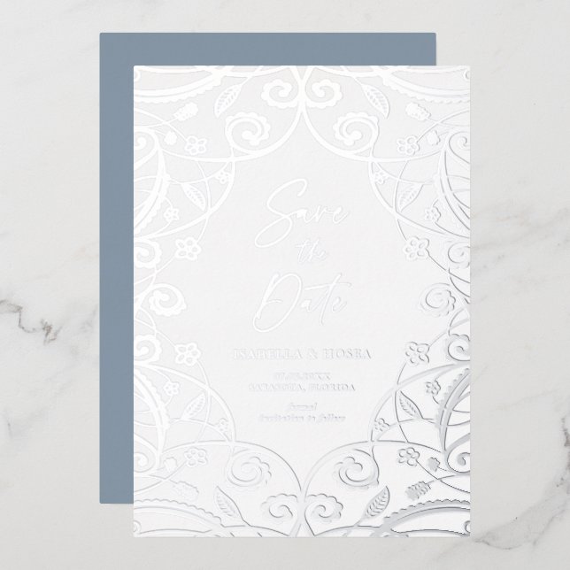 Dusty Blue Silver Floral Leaf Lace Wedding Foil Invitation (Front/Back)