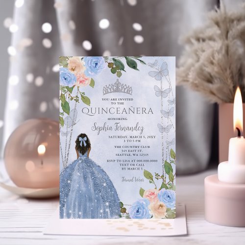 Dusty Blue Silver Floral Princess Quinceaera  Invitation