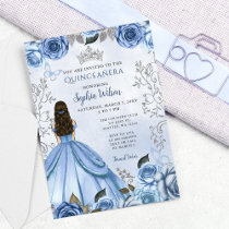 Dusty Blue Silver Floral Princess Quinceañera  Invitation