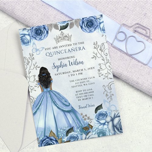 Dusty Blue Silver Floral Princess Quinceaera  Invitation