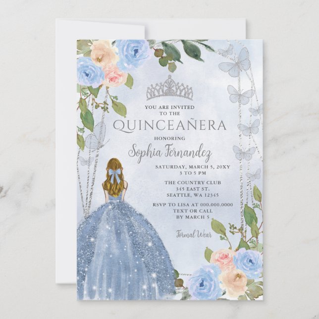 Dusty Blue Silver Floral Princess Quinceañera  Invitation (Front)