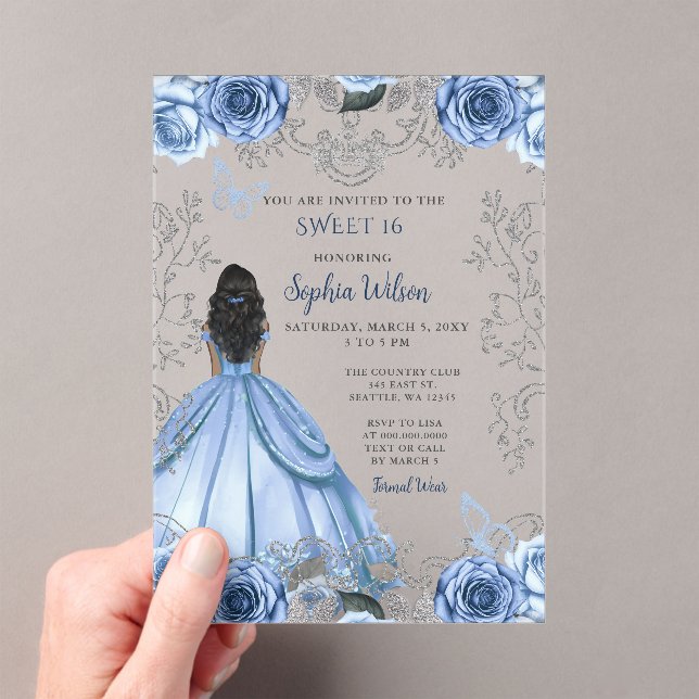 Dusty Blue Silver Floral Princess SWEET 16 Acrylic Invitations (Insitu (Handheld))