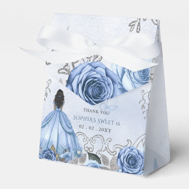 Dusty Blue Silver Floral Princess SWEET 16 Favor Boxes (Front Side)
