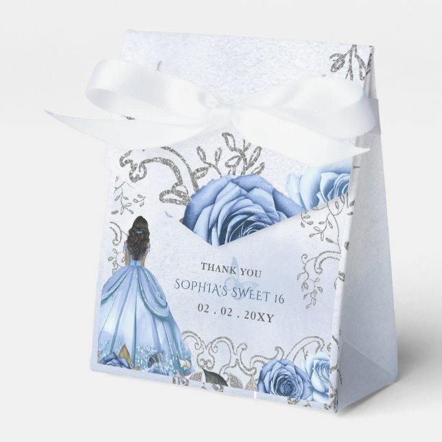 Dusty Blue Silver Floral Princess SWEET 16 Favor Boxes (Front Side)