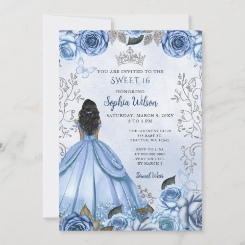 Dusty Blue Silver Floral Princess SWEET 16 Invitation