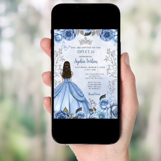 Dusty Blue Silver Floral Princess Sweet 16 Invitation (Front Digital)