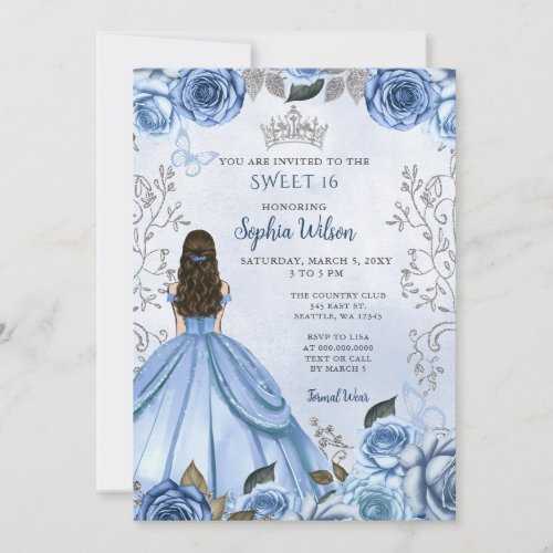 Dusty Blue Silver Floral Princess Sweet 16 Invitation