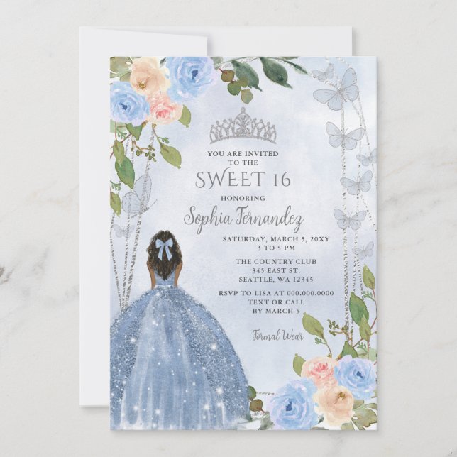 Dusty Blue Silver Floral Princess Sweet 16 Invitation (Front)