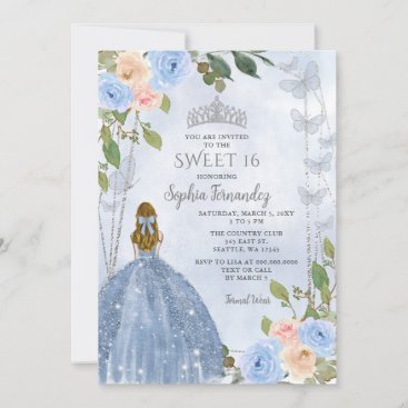 Dusty Blue Silver Floral Princess Sweet 16 Invitation