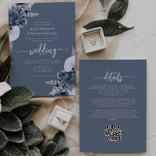Dusty Blue Silver Floral QR Code Wedding Invitation