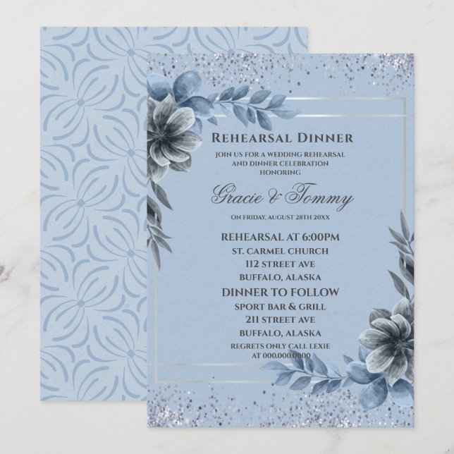 Dusty Blue Silver Floral Rehearsal Dinner Invitation (Front/Back)