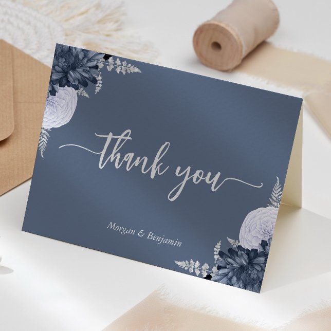 Dusty Blue Silver Floral Script Wedding Letterpress Thank You Card (Creator Uploaded)