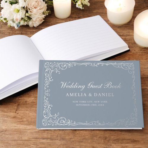 Dusty Blue Silver Floral Vintage Wedding Foil Guest Book