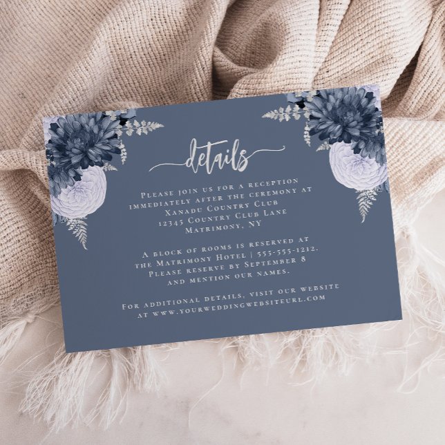 Dusty Blue Silver Floral Wedding Details Enclosure Card (Creator Uploaded)