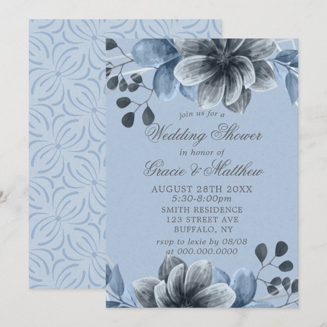 Dusty Blue Silver Floral Wedding Shower Invites (Front/Back)