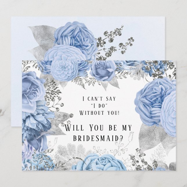 Dusty Blue Silver Floral Will You Be My Bridesmaid Invitation (Front/Back)