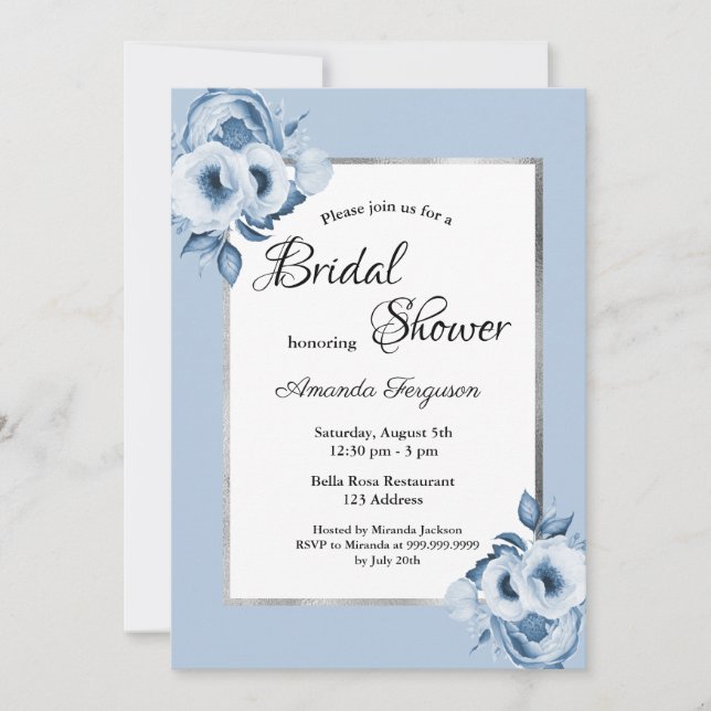 Dusty blue silver florals bridal shower invitation (Front)