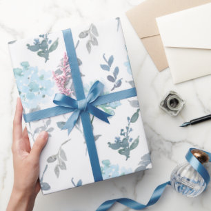 Dusty Blue & Silver Florals Watercolor Wrapping Paper