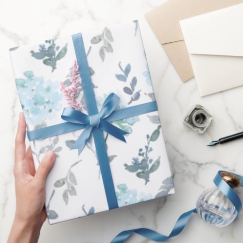 Dusty Blue  Silver Florals  Watercolor Wrapping Paper