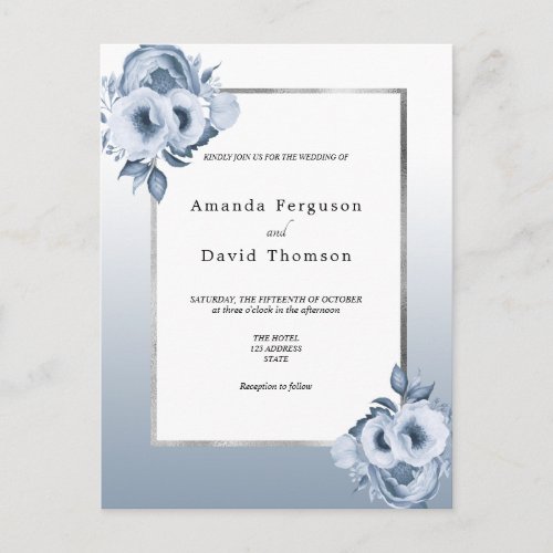 Dusty blue silver florals wedding invitation postcard