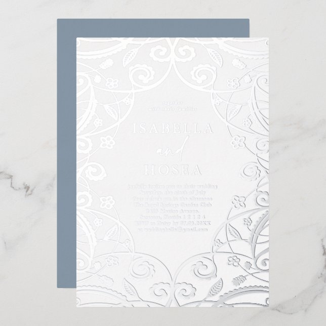 Dusty Blue Silver Foil Floral Lace Wedding Foil Invitation (Front/Back)